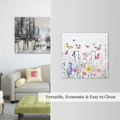 Decorative Switch Plates Watercolor Floral Butterfly Colorful Wildflower 2 Gang Double Toggle Outlet Light Switch Cover Wall Plate Electrical Faceplate For Bed Room Living Room Decor