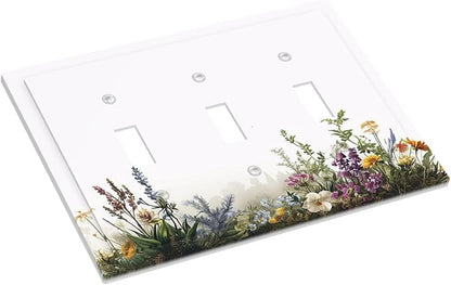 Decorative Light Switch Cover Plate White Background Colorful Flowers Plants Green Leaves 3 Gang Wall Plate Triple Toggle Switch Plate Covers Electrical Outlet Cover for Bedroom Home Decor