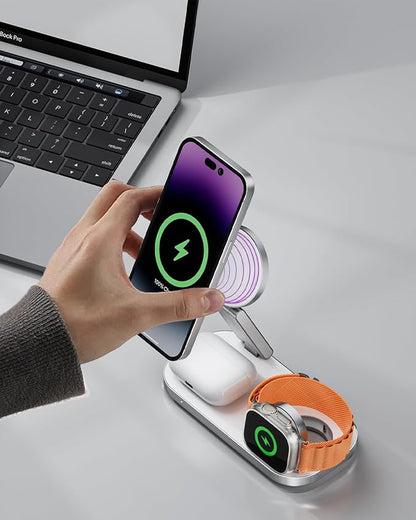 3 in 1 Wireless Charging Station for Apple Devices, Magnetic Foldable Fast Charger Stand Compatible with MagSafe for iPhone Air/17/16/15/14/13/12 Series, Apple Watch & AirPods Pro/4/3/2