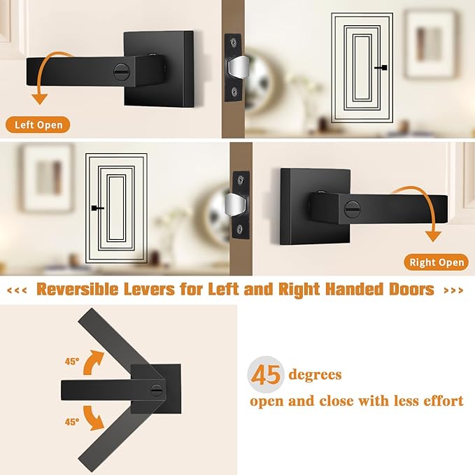 Probrico Interior Black Door Handle, Heavy Duty, Flat Square Privacy Door Handles, Keyless Door Levers Lockset for Bedroom and Bathroom (3 Pack, Modern)