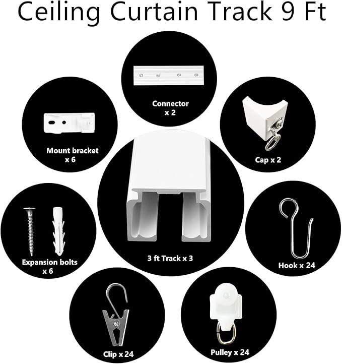 Ceiling Mount Curtains Track Room Divider Privacy Partition Separator Curtain Tracks Rods Heavy Duty RV Shower Outdoor Rail Clip Hook Set, White 3-9ft ﻿