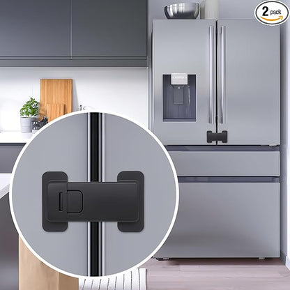 Fridge Locks for Kids, Child Proof Refrigerator Lock, Baby Safety French Fridge Door Lock, Child Cabinet Locks with Strong 3M Adhesive, No Drill, Tool-Free Install (2 Pack, Black)