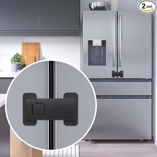 Fridge Locks for Kids, Child Proof Refrigerator Lock, Baby Safety French Fridge Door Lock, Child Cabinet Locks with Strong 3M Adhesive, No Drill, Tool-Free Install (2 Pack, Black)