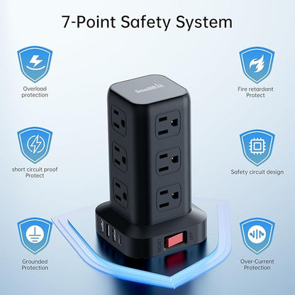 PD 20W USB C Surge Protector, Mini Power Strip Tower Travel 12 AC 4 USB Power Strip with USB Ports 10FT Overload Protection for Home Office