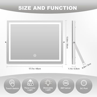 Hasipu Vanity Mirror with Lights, 17.7" x 13.8" LED Makeup Mirror with 10X Magnification, Smart Touch 3 Colors Dimmable, Brightness Adjustment, 360° Rotation, White
