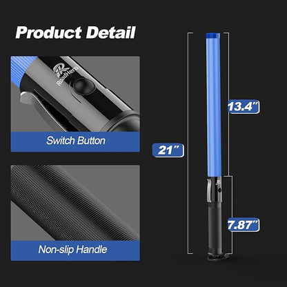 RoadHero 21 Inch Traffic Wands, Blue LED Traffic Control Baton with 2 Flashing Modes, Night Safety Light Wand with Side Clip for Parking Lot