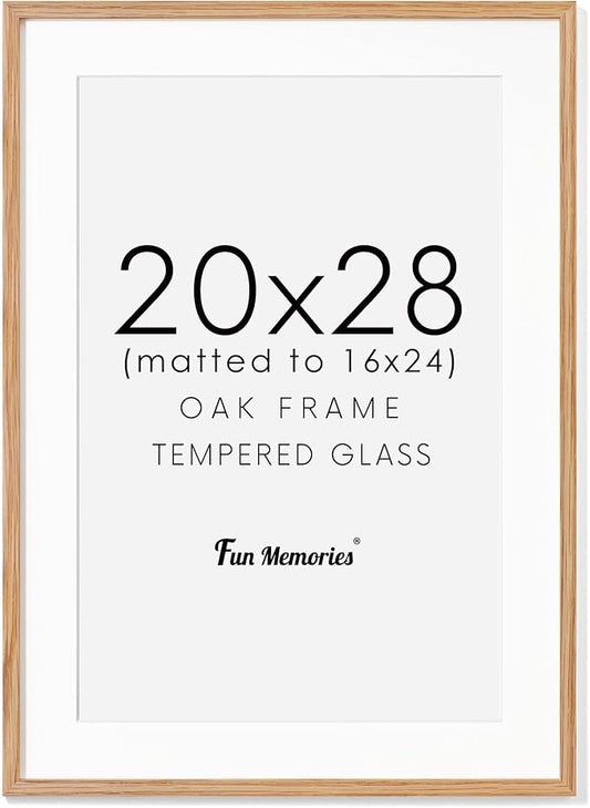 20x28 Oak Wood Picture Frame, 20"x28" Poster Frame for Wall, 20x28 Picture Frame with Mat for 16x24, Solid Oak Wood Photo Frame 20 x 28 with Tempered Real Glass (Natural Oak Color, 1 Pack)