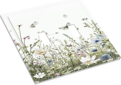 Colorful Wildflowers Daisy Plant Butterfly Floral Decorative Switch Plates 2 Gang Double Toggle Outlet Light Switch Cover Wall Plate Electrical Faceplate for Bed Room Living Room Decor
