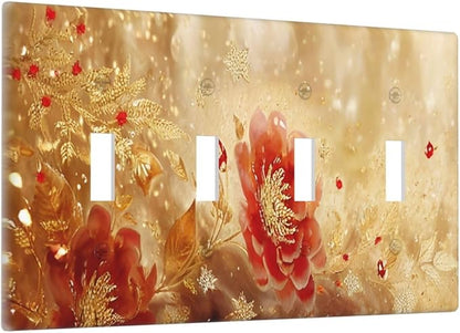 Decorative Light Switch Cover Plate Golden Leaf Red Peony Flowers Floral 4 Gang Wall Plate Oversized Quad Toggle Switch Cover Plate Jumbo Faceplate for Bedroom Decor