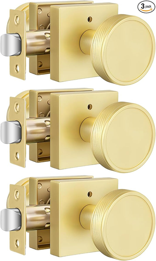 goldenwarm Gold Door Knobs Interior, Brushed Gold Door Knobs Square Privacy Door Knob for Bedroom Bathroom, Modern Heavy Duty Interior Doorknobs - 3 Pack Zinc-Alloy