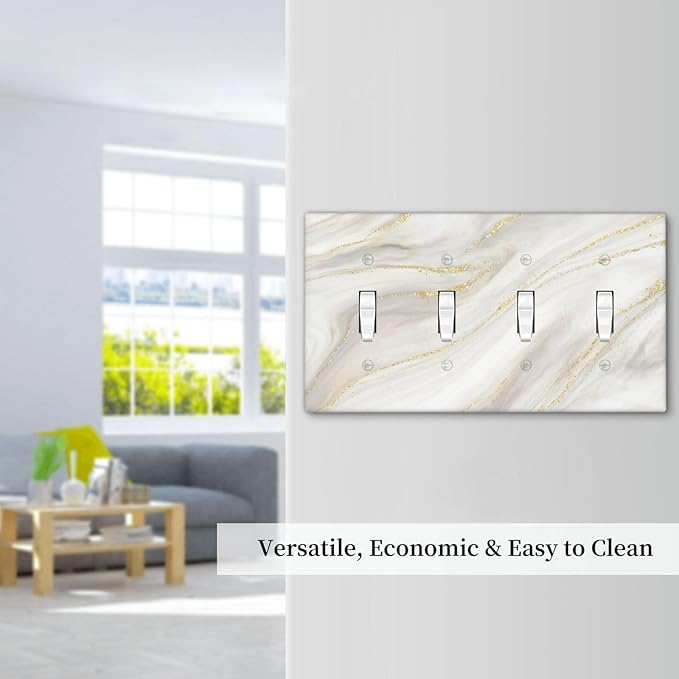 White Grey Gold Marble Simple Tiles Light Switch Covers Quad Toggle Electrical Faceplate 4 Gang Wall Plate Decorative Switch Plates for Bathroom Kitchen Decor