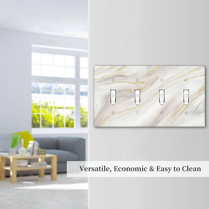 White Grey Gold Marble Simple Tiles Light Switch Covers Quad Toggle Electrical Faceplate 4 Gang Wall Plate Decorative Switch Plates for Bathroom Kitchen Decor