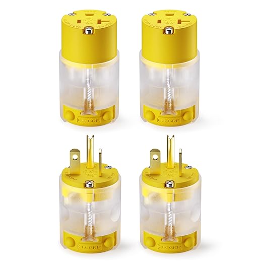 ELEGRP Lighted Straight Blade Electrical Plug and Connector Set 20 Amp 125 Volt NEMA 5-20P NEMA 5-20R 2 Pole 3 Wire Grounding, Commercial Grade, Yellow, 2 Set