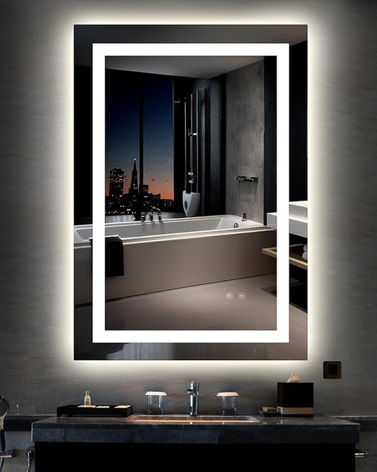 Ensenior LED Bathroom Mirror 24"x 32" with Front and Backlight, Stepless Dimmable Wall Mirrors with Anti-Fog, Shatter-Proof, Memory, 3 Colors, Modern LED Vanity Mirror-ETL & FCC