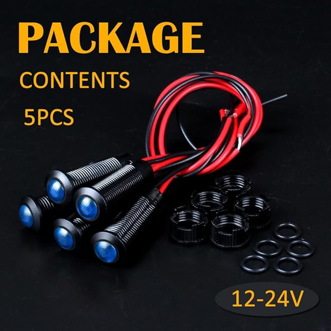 5pcs 8mm LED Indicator Light Plastic Black Signal Dot Lamp 12V-24V 5/16" Mounting Hole Size with 15cm/5.9in. Wire (Blue LED)