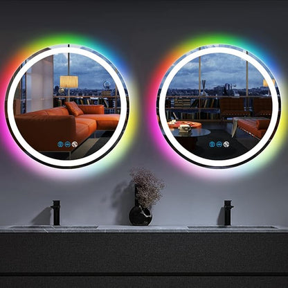 24 Inch Round LED Bathroom Mirror with Lights 3 Color+ Rainbow RGB 7 Color Changing Backlit Round Lighted Mirror for Bathroom Wall AntiFog 24 Mood Change Light RGB Smart Circle Round LED Mirror
