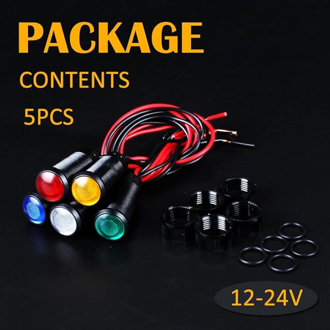 5pcs 10mm LED Indicator Light Plastic Black Signal Dot Lamp 12V-24V 2/5" Mounting Hole Size with 15cm/5.9in. Wire (Mix:Red White Yellow Blue Green)