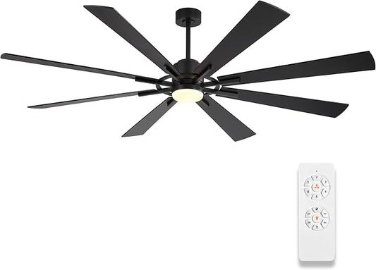 WINGBO 80" DC Ceiling Fan with Lights and 3 Downrods, Matte Black Ceiling Fan, 8 Plywood Blades, 6-Speed Reversible DC Motor, Large Ceiling Fans for Kitchen Bedroom Living Room