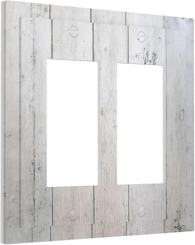 Rustic White Grey Wood Grain Decorative Outlet Covers 2 Gang Double GFCI Rocker Light Switch Cover Plate Electrical Wall Panels for Bedroom Bathroom Decor