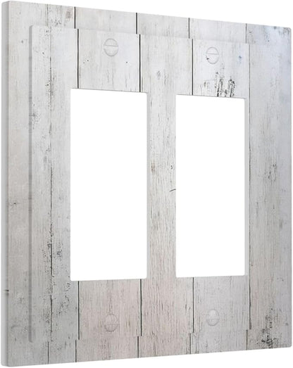 Rustic White Grey Wood Grain Decorative Outlet Covers 2 Gang Double GFCI Rocker Light Switch Cover Plate Electrical Wall Panels for Bedroom Bathroom Decor