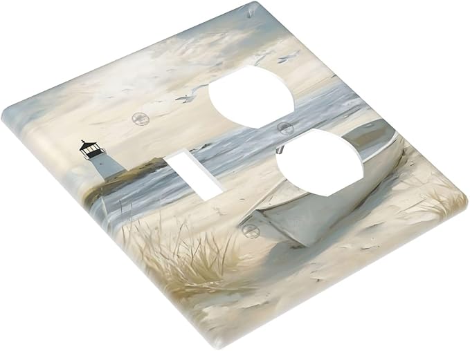 Decorative Outlet Covers Seascape Painting with Lighthouse Boats 2 Gang Wall Plate Single Toggle Duplex Combo Light Switch Covers Switch Plate Cover for Bedroom Home Decor