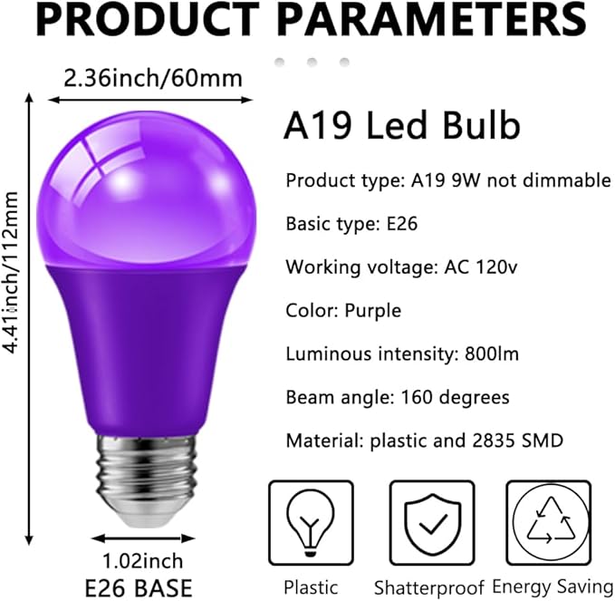 haraqi 2 Pack 9W (60W Equivalent) 120V E26 Base A19 LED Colored Light Bulb, Purple LED Lights for Party Christmas Decor and Halloween Lighting