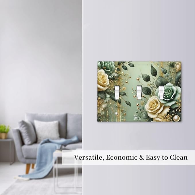 Decorative Light Switch Cover Plate Rustic Green Floral Leaves Teal Flowers Gold Stripe 3 Gang Wall Plate Oversized Triple Toggle Switch Cover Plate Jumbo Faceplate