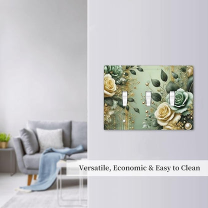 Decorative Light Switch Cover Plate Rustic Green Floral Leaves Teal Flowers Gold Stripe 3 Gang Wall Plate Oversized Triple Toggle Switch Cover Plate Jumbo Faceplate