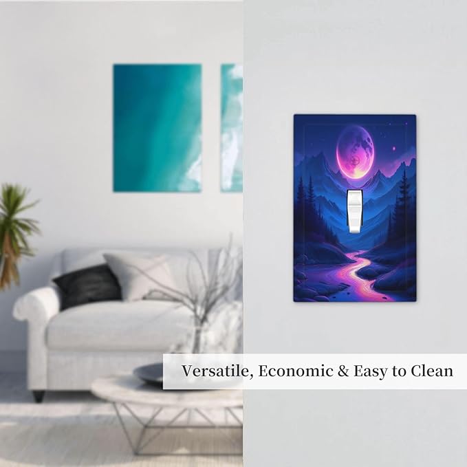 Purple Cyberpunk River Full Moon Mountain Forest Decorative Light Switch Cover 1 Gang Single Toggle Decorator Outlet Wall Plate Device Electrical Faceplate Switchplates for Bedroom Bathroom