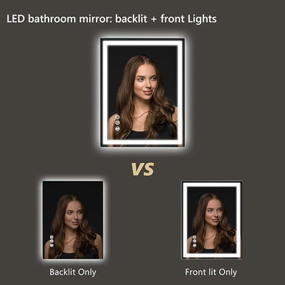 APRILSOUL 20x28 Inch LED Bathroom Mirror with Front and Backlit, Makeup Mirror with 3 Color Lights, Memory Function, Anti-Fog and Dimmable Light (Horizontal/Vertical)