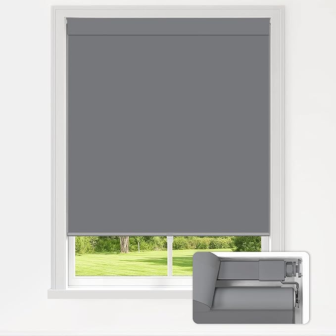LazBlinds No Drill Blinds for Indoor Windows, Blackout Roller Shades, Cordless Window Blackout Blinds, Thermal Insulated Fabric UV Protection for Home and Office, 30" W x 48" H, Grey