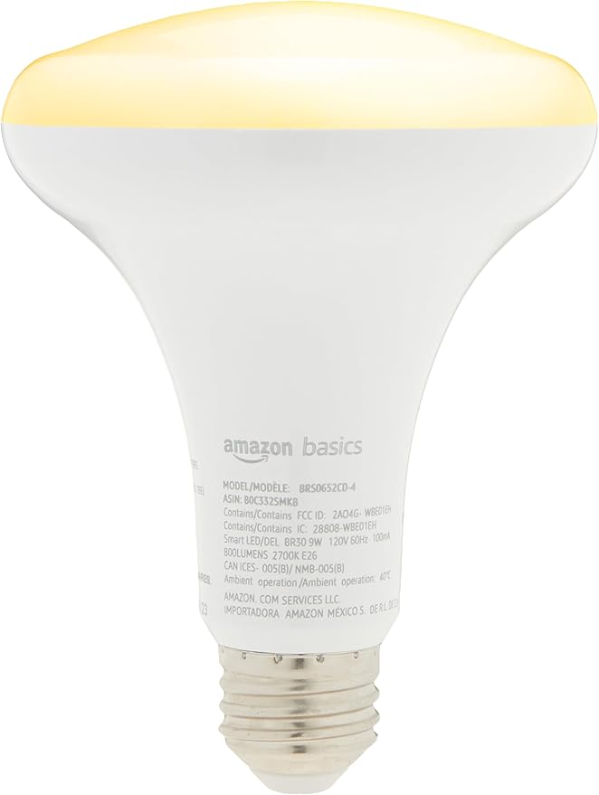Amazon Basics Smart BR30 LED Light Bulb, Dimmable Soft White (2700K), 9W (60W Equivalent), 800LM, Works with Alexa Only, 2.4 GHz Wi-Fi, No Hub Required, 4 Pack