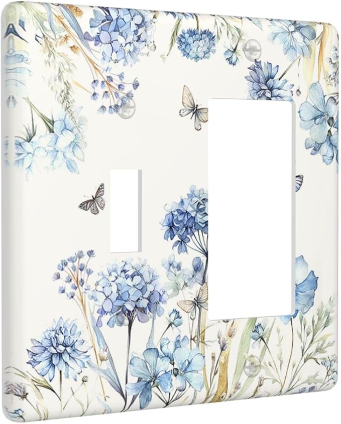 Outlet Covers Blue Floral Hydrangea Plants 1 Toggle 1 Rocker Combination Decorative Wall Plate Light Switch Cover Plate Electrical Switch Plates for Bedroom Home Decor
