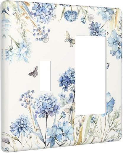 Outlet Covers Blue Floral Hydrangea Plants 1 Toggle 1 Rocker Combination Decorative Wall Plate Light Switch Cover Plate Electrical Switch Plates for Bedroom Home Decor