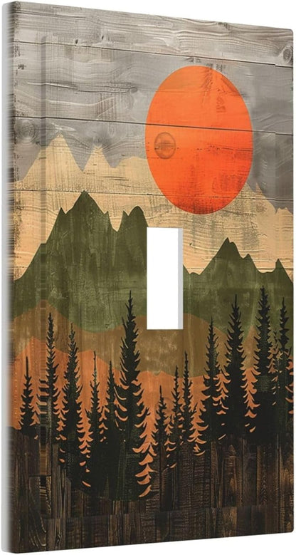 Decorative Light Switch Cover Vintage Wood Grain Sun Forest Mountains 1 Gang Single Toggle Device Electrical Faceplate Switchplates Decorator Outlet Wall Plate for Farmhouse Cabin Decor
