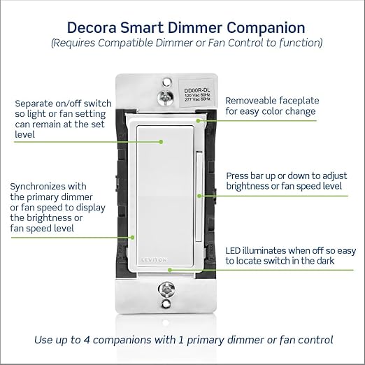 Leviton Decora Smart Dimmer Switch Companion for Multi-Location Dimming (Not for Stand-Alone use), 120/277VAC, 60Hz, DD00R-DLZ, White, Ivory, Light Almond