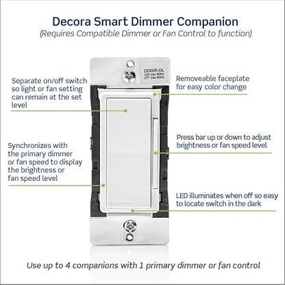 Leviton Decora Smart Dimmer Switch Companion for Multi-Location Dimming (Not for Stand-Alone use), 120/277VAC, 60Hz, DD00R-DLZ, White, Ivory, Light Almond