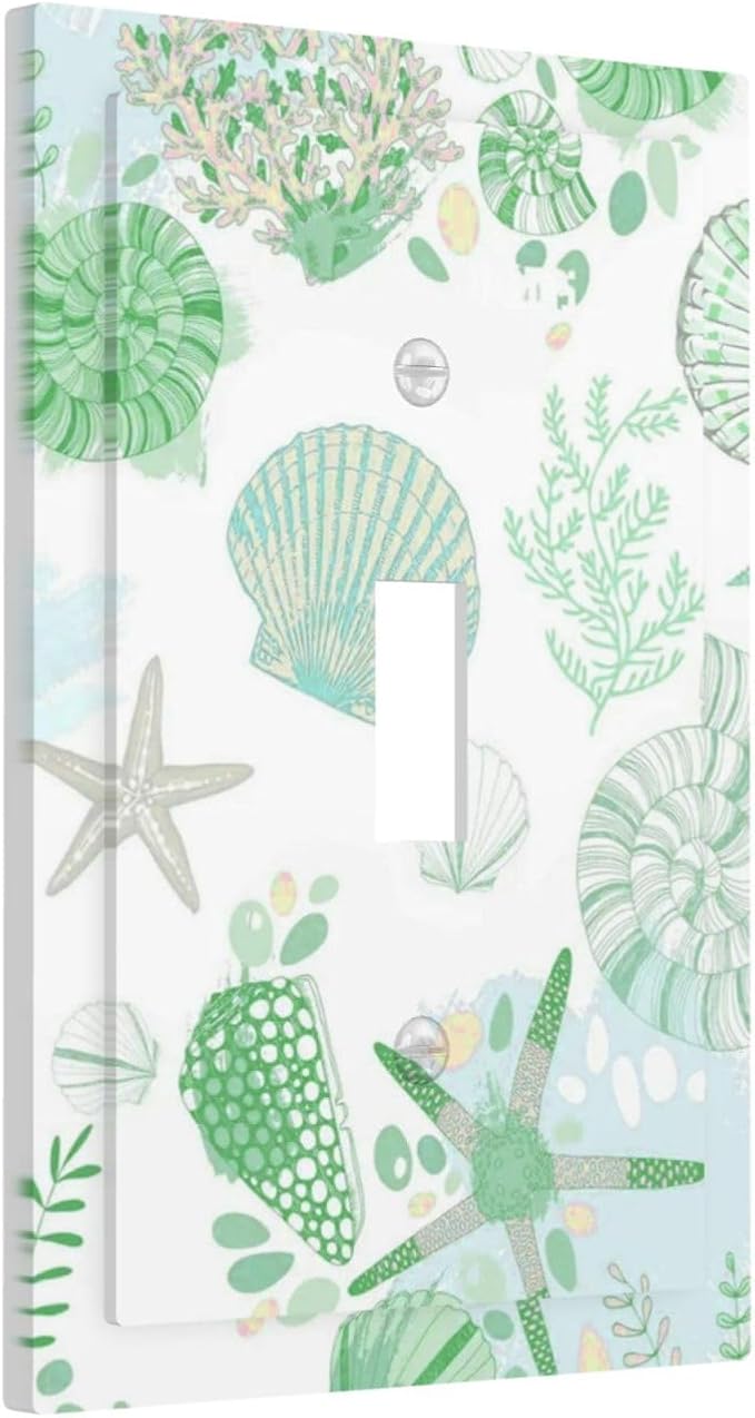 Beach Nautical Starfish Scallop Coral Conch Decorative Light Switch Cover 1 Gang Single Toggle Device Electrical Faceplate Switchplates Decorator Outlet Wall Plate for Bathroom Home Decor