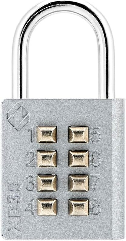 XB35 8-Digit Push Button Combination Padlock, 4 Digit Locking Mechanism, Gray, 1-Pack