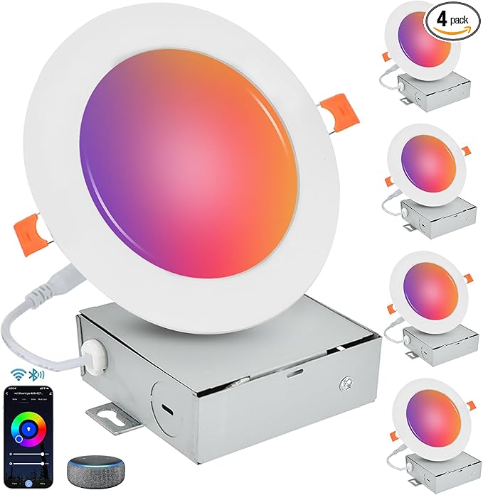 Homevenus Smart Recessed Lighting 4 Inch 9W 810LM Ultrathin Recessed Lights RGBCW Music Sync Color Changing Dimmable Canless Led Recessed Light Fixtures Compatible with Alexa/Google Assistant 4 Pack
