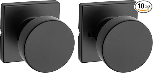 Kwikset Pismo Interior Passage Door Knob, Handle for Closet and Hallway Doors, Non-Locking Doorknob in Matte Black, with Microban Protection, Square Rose (Pack of 10)