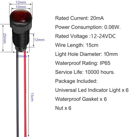 6pcs Red/Blue/Green LED Indicator Pilot Light AC/DC 12-24V Mounting Hole Size 10mm(Flame Retardant Plastic Shell)