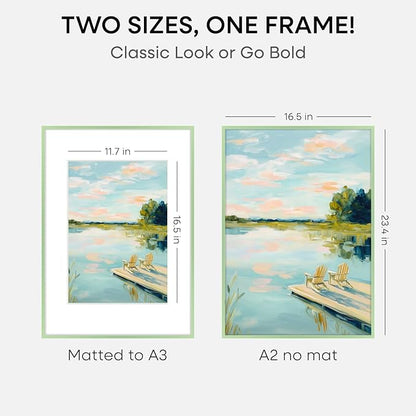 Homeforia A2 Poster Frame Sage Green, High End Metal A2 Picture Frame Sage Green with Mat A3 for Print, 16.5x23.4 Frame Matted to 11.7x16.5 Photo, 16.5 x 23.5 Frame, Tempered Glass, Wall Kit, Set of 1