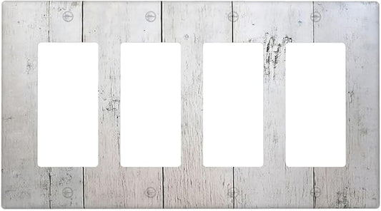 Rustic White Grey Wood Grain Wallplates 4 Gang Quad Rocker Decorative Light Switch Covers Electrical GFCI Faceplate Switch Plate for Bedroom Bathroom Decor