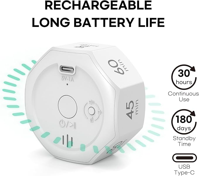 Pomodoro Timer, Flip Cube with 7 presets Countdown, Count up, Rechargeable Small Portable Visual Focus Stopwatch for ADHD, Kids, Classroom, Kitchen, Work, Study, Productivity (Floral White)