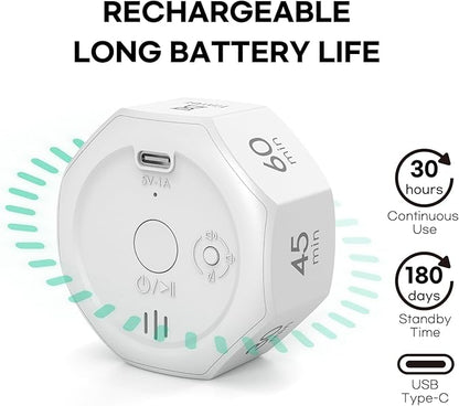 Pomodoro Timer, Flip Cube with 7 presets Countdown, Count up, Rechargeable Small Portable Visual Focus Stopwatch for ADHD, Kids, Classroom, Kitchen, Work, Study, Productivity (Floral White)