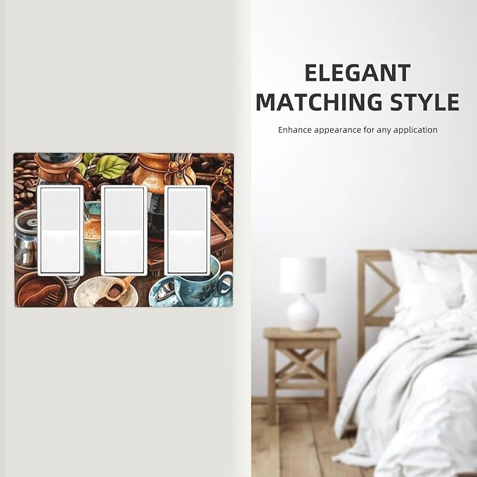 Decorative Outlet Covers Retro Coffee Maker Beans Cup 3 Gang Wall Plate Triple Rocker Light Switch Cover Plate Jumbo Electrical GFCI Faceplate for Kirchen Home Decor