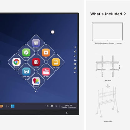TIBURN R2 75" 4K UHD Smart Board | Smart Digital Whiteboard | All-in-One Touch Screen Computer with Open App Ecosystem, Includes Movable Stand+Wall Mount, Ideal for Office, Classroom, and Conference