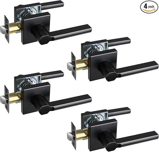 Passage Door Lever (No Lock), Heavy Duty Interior Square Handle for Hallway and Closet, Matte Black, Reversible for Right&Left Handed, 4Packs