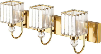 Ralbay Modern Gold Crystal Vanity Lights for Bathroom 3-Lights Crystal Vanity Lights Over Mirror Modern Crystal Gold Bathroom Wall Lighting Fixtures